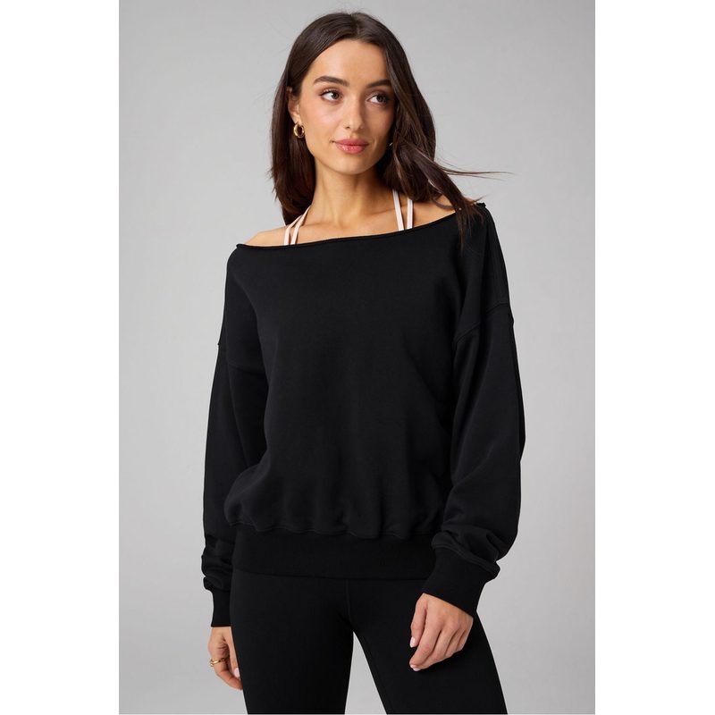 Fabletics YEAR ROUND TERRY OFF SHOULDER SWEATSHIRT — BLACK