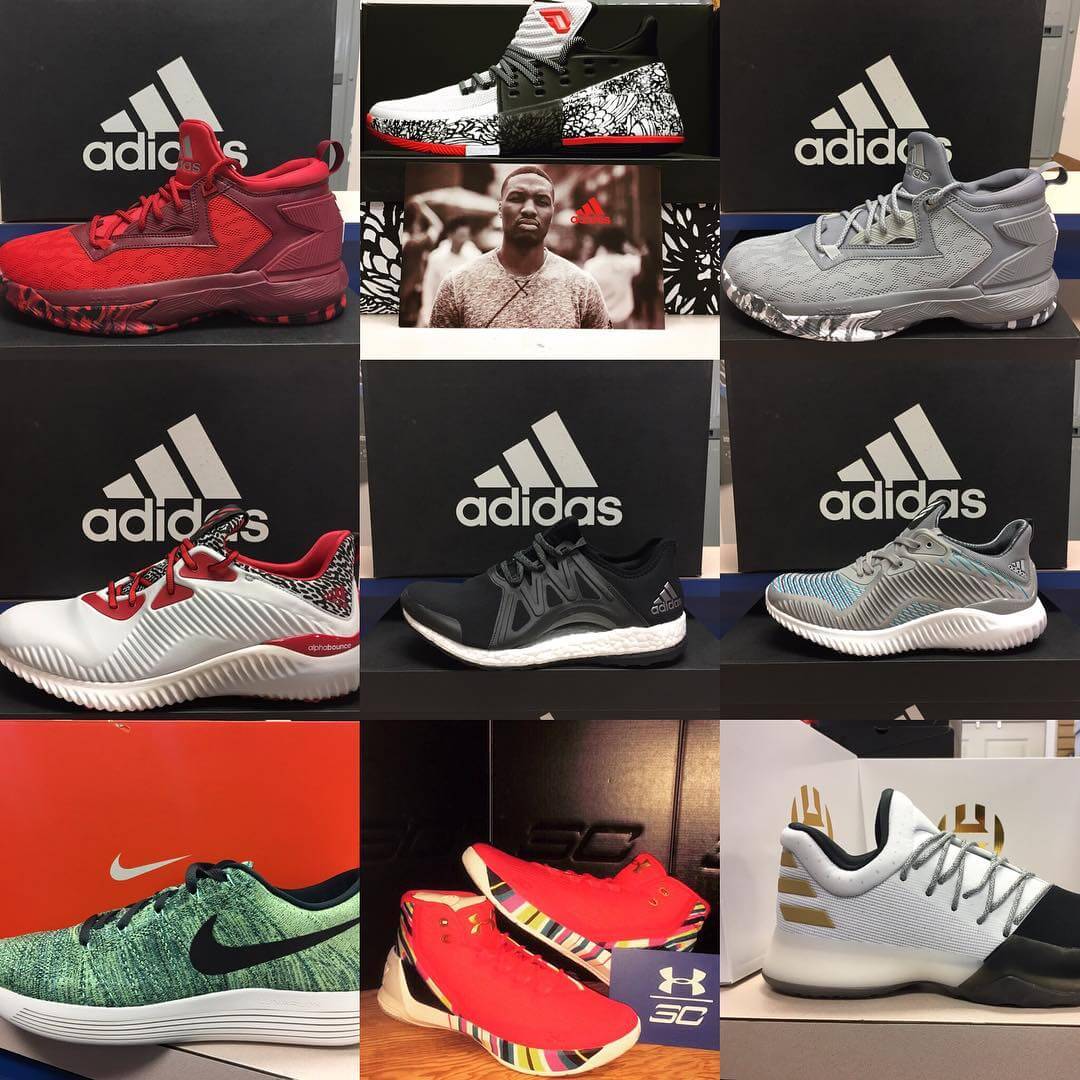 Nine Adidas athletic shoes displayed in a 3 by 3 grid showing many different styles and colors.