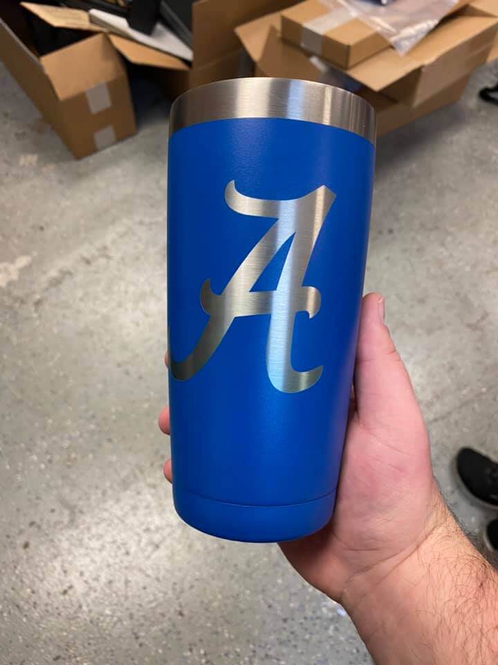 Blue Yeti mug laser engraved with a large 'A' logo for Allegany High School.